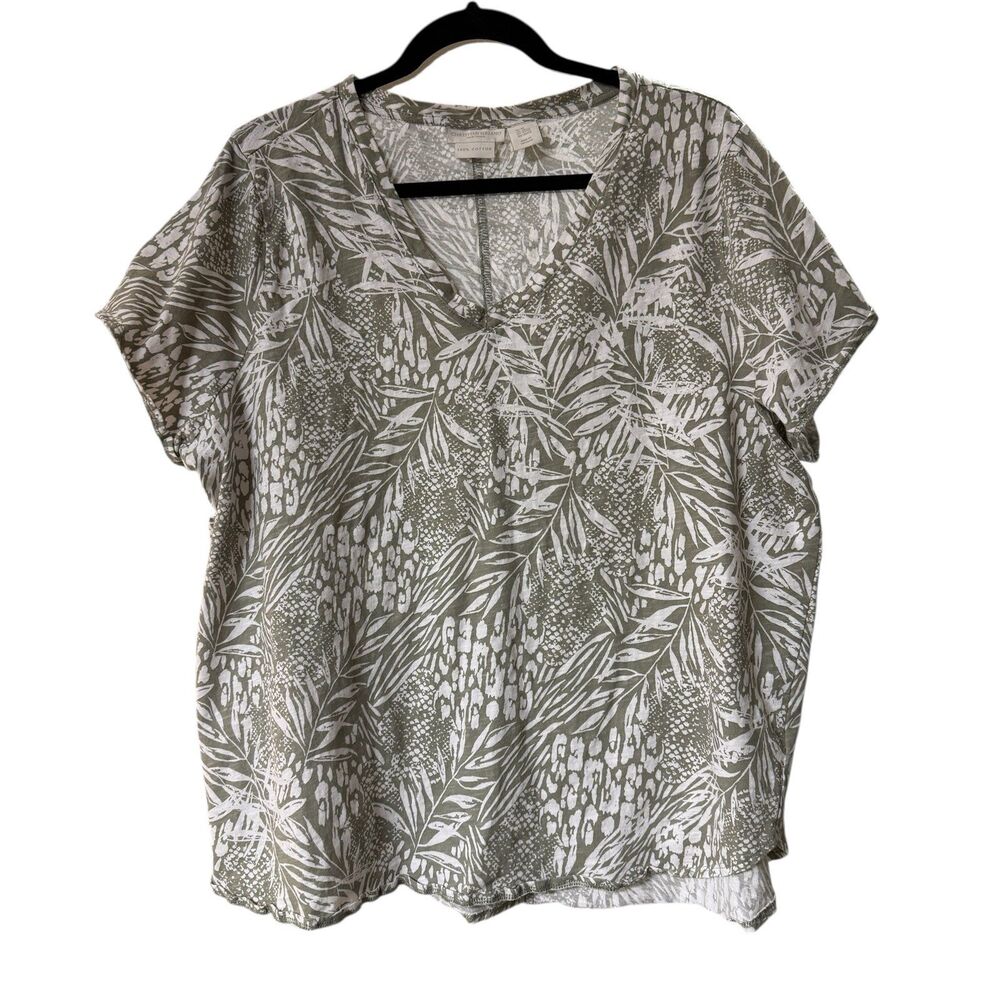 Christian‎ Siriano Tropical V-Neck Tunic Blouse White Green Leaf Pattern Size 3X